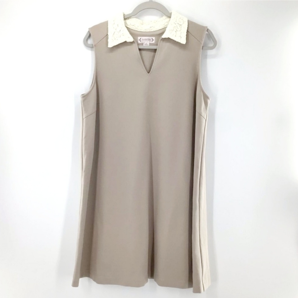 NWOT Nanette Lepore Beige & Creme Lace Collared Sleeveless Dress Size 14 V-Neck